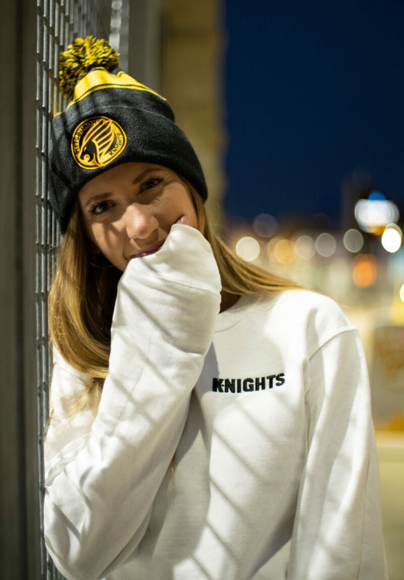 Pittsburgh Knights Emblem Beanie Embroidered Crewneck White Front Model